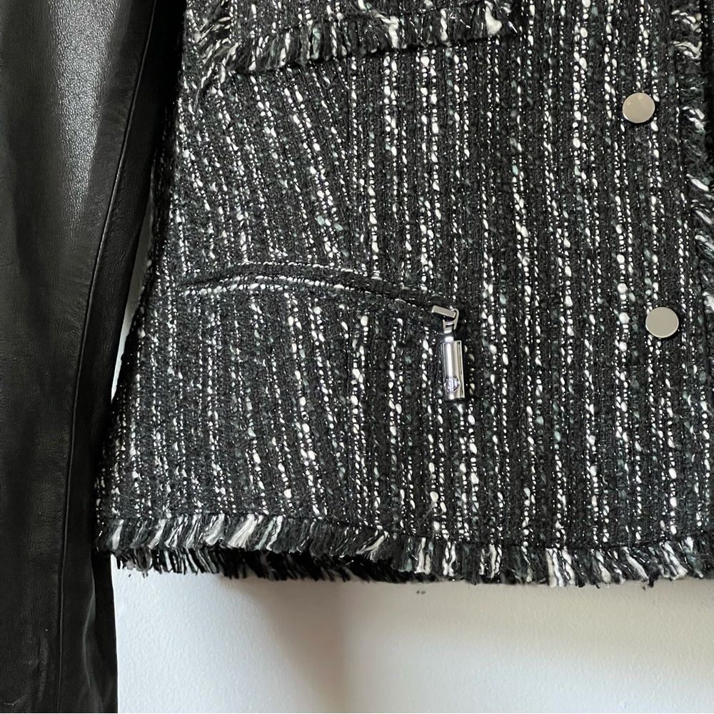 Stella & Jamie Blazer Jacket Sz M Black White Tweed Snap Closure Leather Arms - Picture 5 of 13